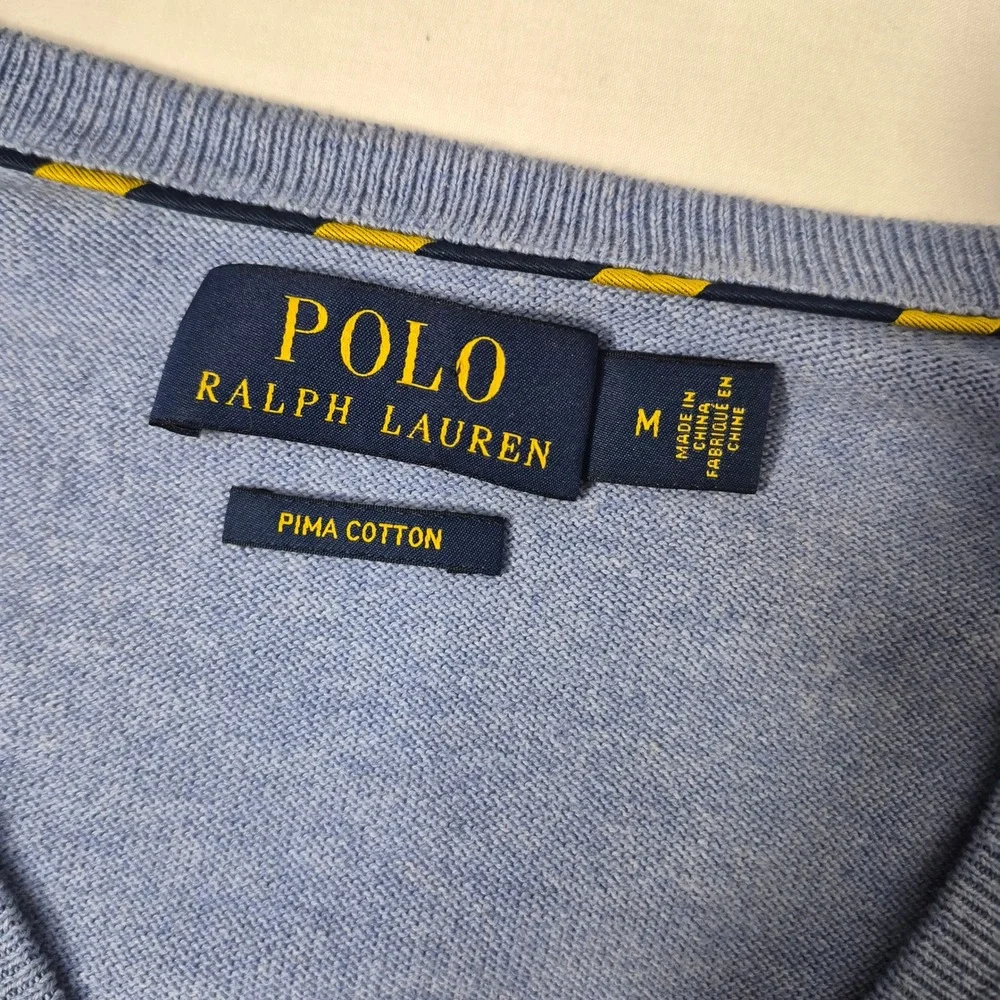 Polo Ralph Lauren Sweater Mens Medium Blue Pima Cotton V-Neck Pony‎ Logo